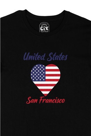 San Francisco Amerika Bayraklı Kalpli Siyah Tişört