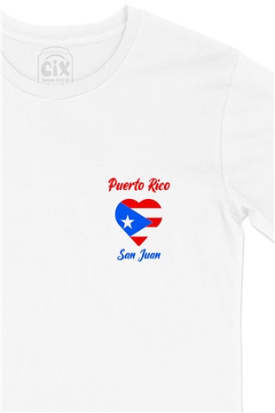 San Juan Porta Riko Bayraklı Kalpli Cep Logo Tasarımlı Beyaz Tişört