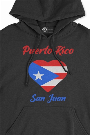 San Juan Porta Riko Bayraklı Kalpli Siyah Sweatshirt Hoodie