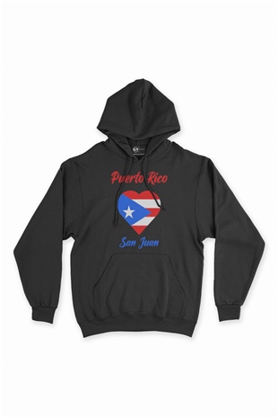 San Juan Porta Riko Bayraklı Kalpli Siyah Sweatshirt Hoodie