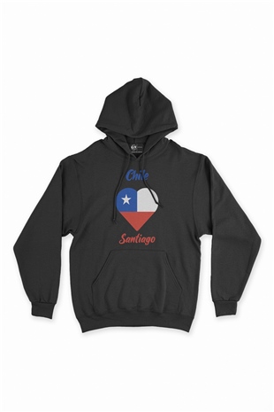Santiago Şili Bayraklı Kalpli Siyah Sweatshirt Hoodie