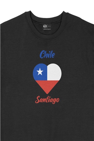 Santiago Şili Bayraklı Kalpli Siyah Sweatshirt