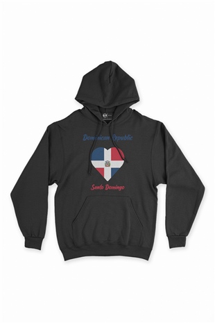 Santo Domingo Dominik Bayraklı Kalpli Siyah Sweatshirt Hoodie