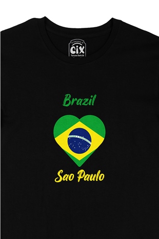 Sao Paulo Brezilya Bayraklı Kalpli Siyah Tişört