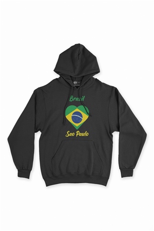 Sao Paulo Brezilya Bayraklı Kalpli Siyah Sweatshirt Hoodie