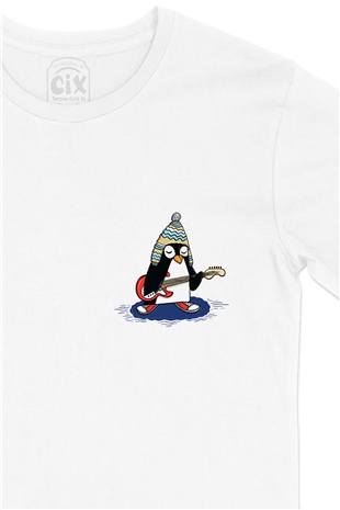 Şapkalı Gitarcı Rocker Penguen Cep Logo Tasarımlı Beyaz Tişört