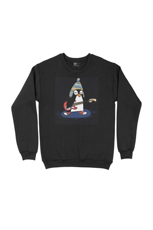 Şapkalı Gitarcı Rocker Penguen Siyah Sweatshirt