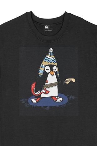 Şapkalı Gitarcı Rocker Penguen Siyah Sweatshirt