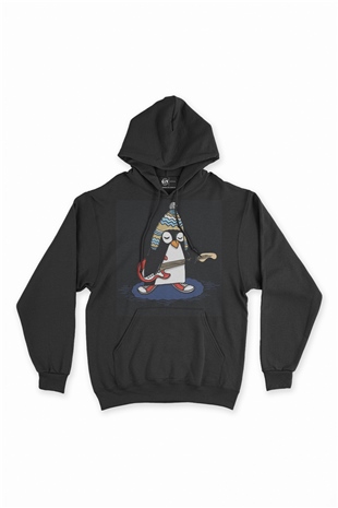 Şapkalı Gitarcı Rocker Penguen Siyah Sweatshirt Hoodie