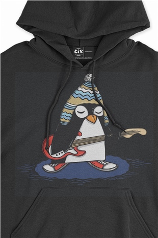 Şapkalı Gitarcı Rocker Penguen Siyah Sweatshirt Hoodie