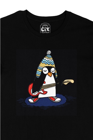 Şapkalı Gitarcı Rocker Penguen Siyah Tişört