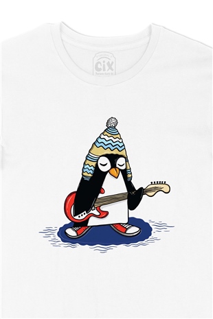 Şapkalı Gitarcı Rocker Penguen Tişört