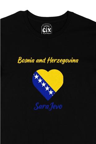 Saraybosna Bosna Hersek Bayraklı Kalpli Siyah Tişört