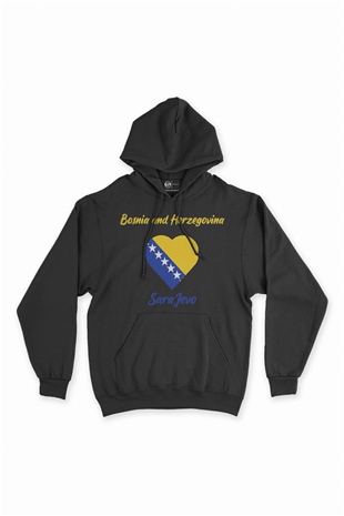 Saraybosna Bosna Hersek Bayraklı Kalpli Siyah Sweatshirt Hoodie