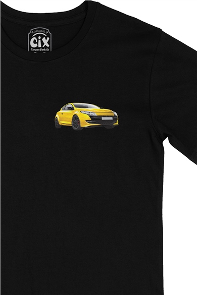 Sarı Coupe Araba Cep Logo Tasarımlı Siyah Tişört