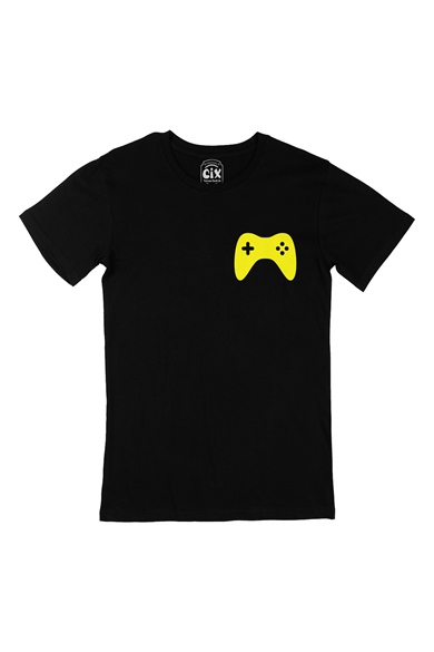 Sarı Joystick Cep Logo Tasarımlı Siyah Tişört
