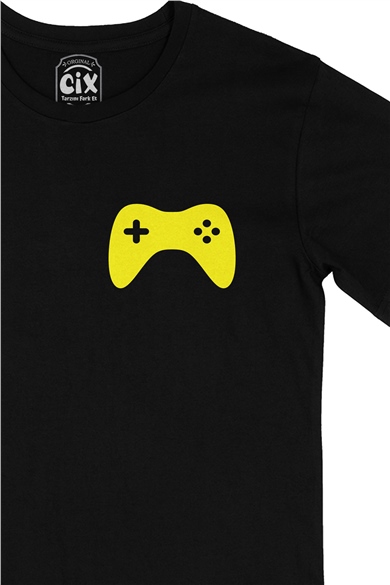 Sarı Joystick Cep Logo Tasarımlı Siyah Tişört
