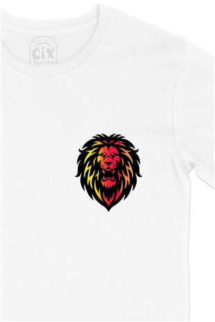 Sarı Kırmızı Aslan Cep Logo Tasarımlı Beyaz Tişört
