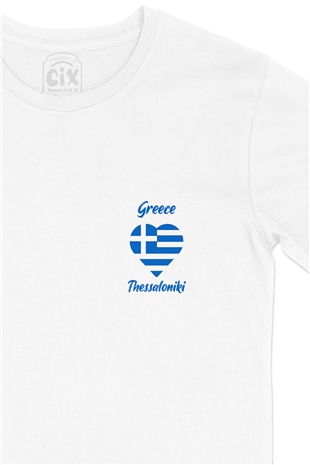 Selanik Yunanistan Bayraklı Kalpli Cep Logo Tasarımlı Beyaz Tişört