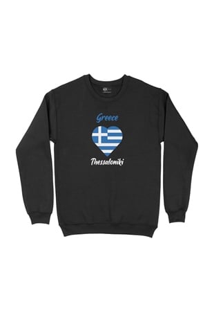 Selanik Yunanistan Bayraklı Kalpli Siyah Sweatshirt