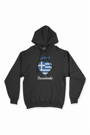 Selanik Yunanistan Bayraklı Kalpli Siyah Sweatshirt Hoodie