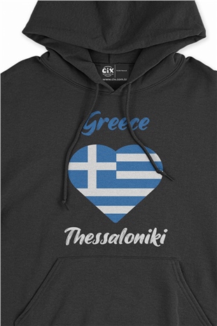 Selanik Yunanistan Bayraklı Kalpli Siyah Sweatshirt Hoodie
