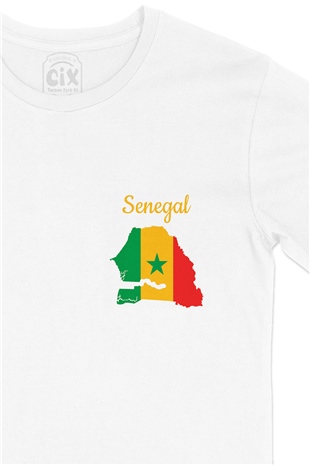 Senegal Haritalı ve Bayraklı Cep Logo Tasarımlı Beyaz Tişört