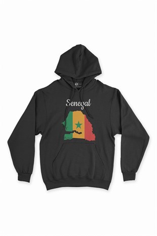 Senegal Haritalı ve Bayraklı Siyah Kapşonlu Sweatshirt Hoodie