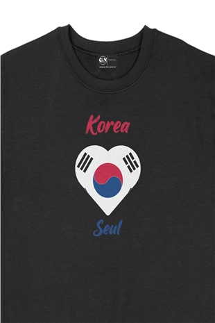 Seul Kore Bayraklı Kalpli Siyah Sweatshirt