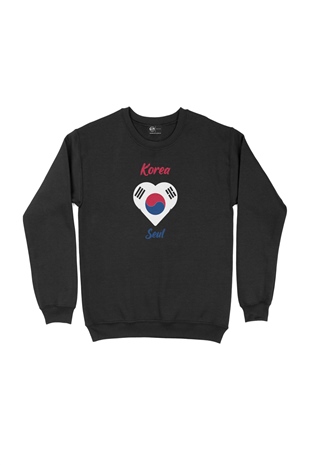 Seul Kore Bayraklı Kalpli Siyah Sweatshirt