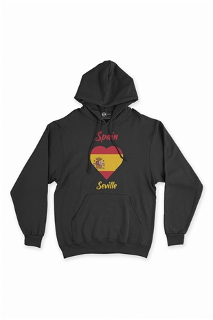 Sevilya İspanya Bayraklı Kalpli Siyah Sweatshirt Hoodie
