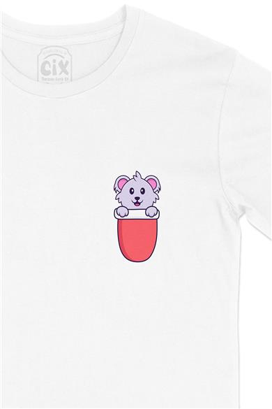 Sevimli Koala Cep Tasarım Baskılı Beyaz Tişört