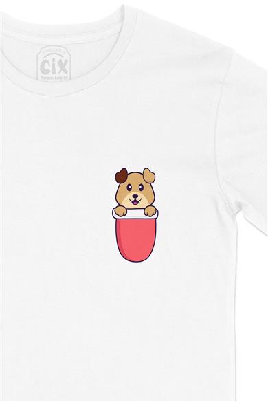 Sevimli Köpek Cep Tasarım Baskılı Beyaz Tişört
