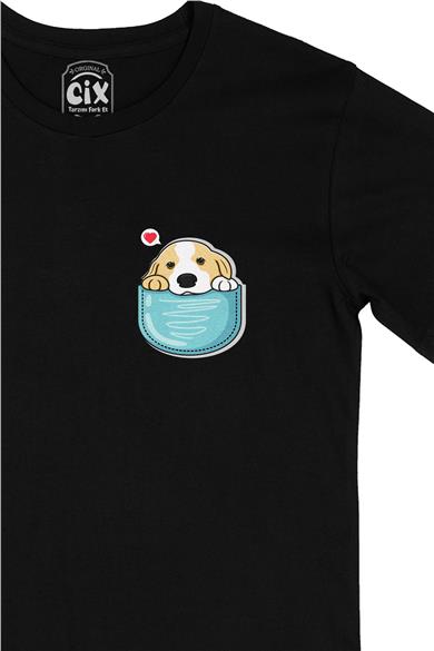 Sevimli Köpek Cep Tasarım Baskılı Siyah Tişört