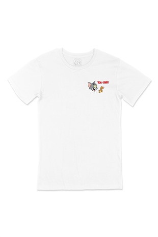 Sevimli Tom ve Jerry Cep Logo Tasarımlı Beyaz Tişört