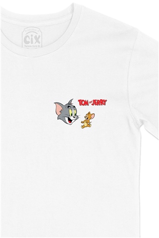 Sevimli Tom ve Jerry Cep Logo Tasarımlı Beyaz Tişört
