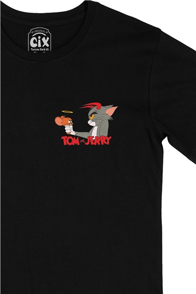 Sevimli Tom ve Jerry Cep Logo Tasarımlı Siyah Tişört