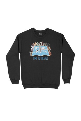 Seyahat Haritası Siyah Sweatshirt