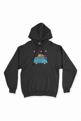 Seyahat Karavanı Siyah Kapşonlu Sweatshirt Hoodie