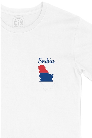 Sırbistan Haritalı ve Bayraklı Cep Logo Tasarımlı Beyaz Tişört