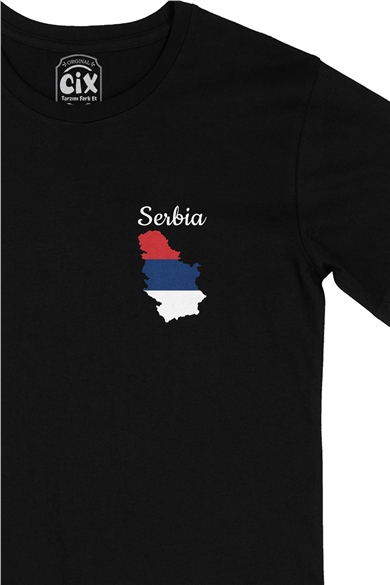 Sırbistan Haritalı ve Bayraklı Cep Logo Tasarımlı Siyah Tişört