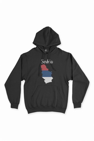 Sırbistan Haritalı ve Bayraklı Siyah Kapşonlu Sweatshirt Hoodie