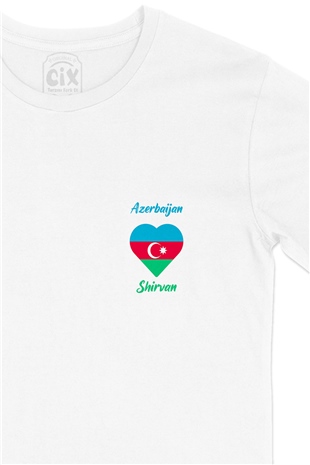 Şirvan Azerbaycan Bayraklı Kalpli Cep Logo Tasarımlı Beyaz Tişört
