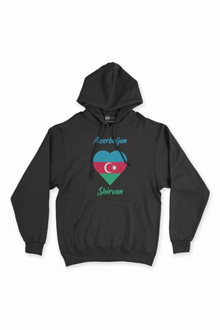 Şirvan Azerbaycan Bayraklı Kalpli Siyah Sweatshirt Hoodie