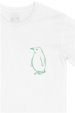 Şişman Penguen Çizimli Cep Logo Tasarımlı Beyaz Tişört