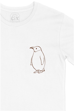 Şişman Penguen Tasarımlı Cep Logo Tasarımlı Beyaz Tişört