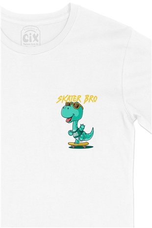 Skater Dinozor Cep Logo Tasarımlı Beyaz Tişört