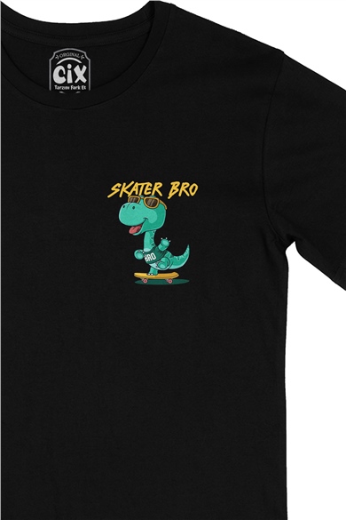 Skater Dinozor Cep Logo Tasarımlı Siyah Tişört