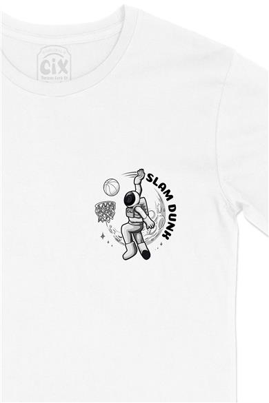 Slam Dunk Basketbolcu Astronot Cep Tasarım Baskılı Beyaz Tişört