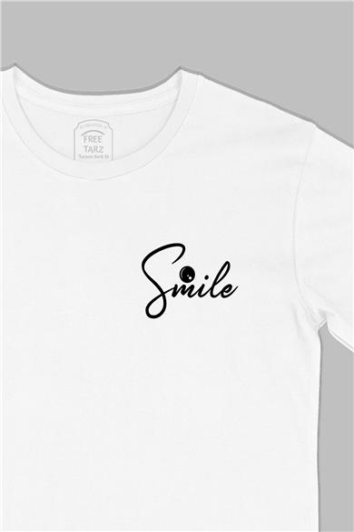 Smile Gülümse Baskılı Cep Tasarım Beyaz Tişört